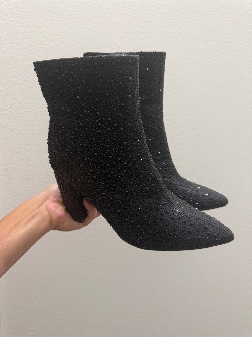 Embellished Black Pointed-Toe Sock Ankle Boots